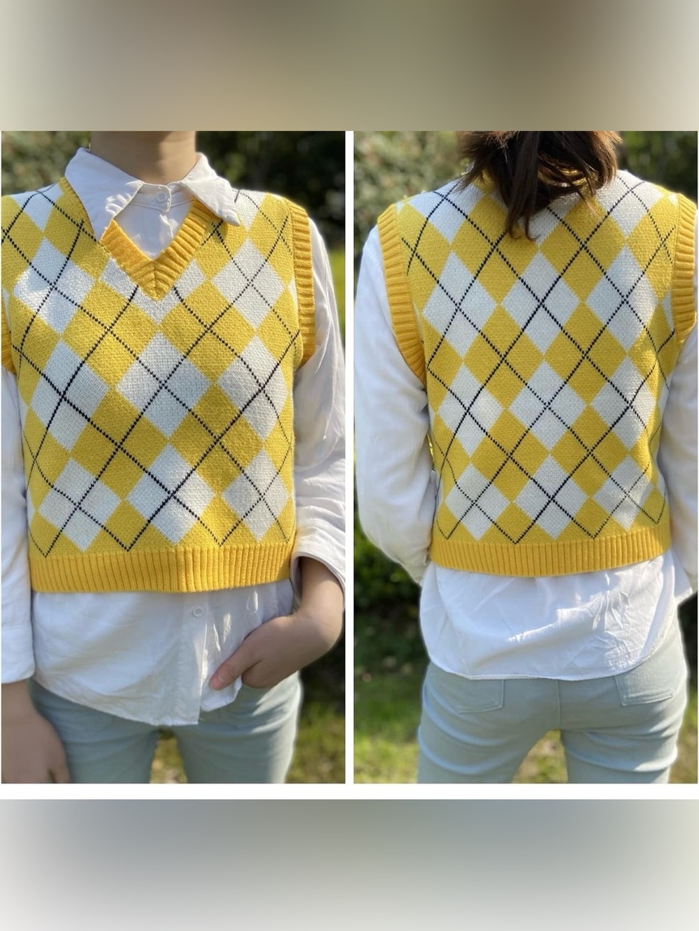 Hyipels Womens Small Y2K Argyle Cropped Sweater Vest Yellow Preppy V Neck